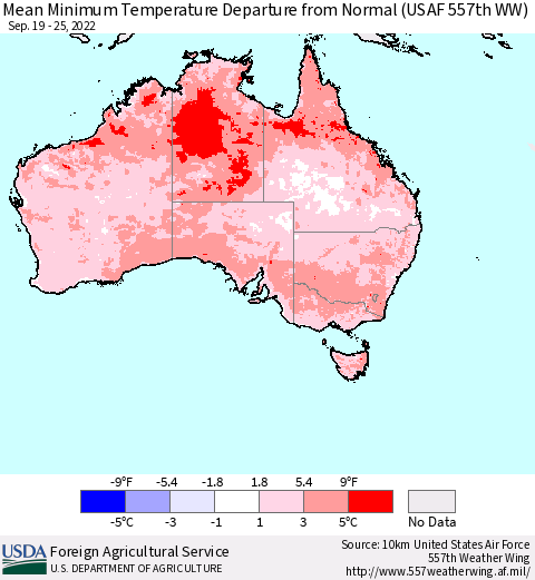 Australia Mean Minimum Temperature Departure from Normal (USAF 557th WW) Thematic Map For 9/19/2022 - 9/25/2022