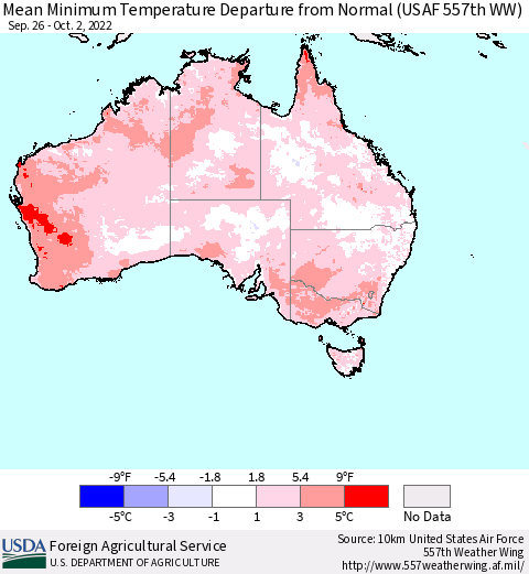 Australia Mean Minimum Temperature Departure from Normal (USAF 557th WW) Thematic Map For 9/26/2022 - 10/2/2022