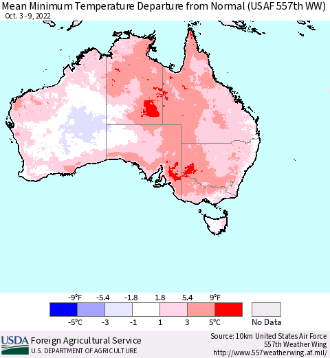 Australia Mean Minimum Temperature Departure from Normal (USAF 557th WW) Thematic Map For 10/3/2022 - 10/9/2022