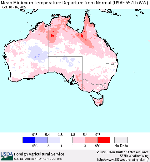 Australia Mean Minimum Temperature Departure from Normal (USAF 557th WW) Thematic Map For 10/10/2022 - 10/16/2022