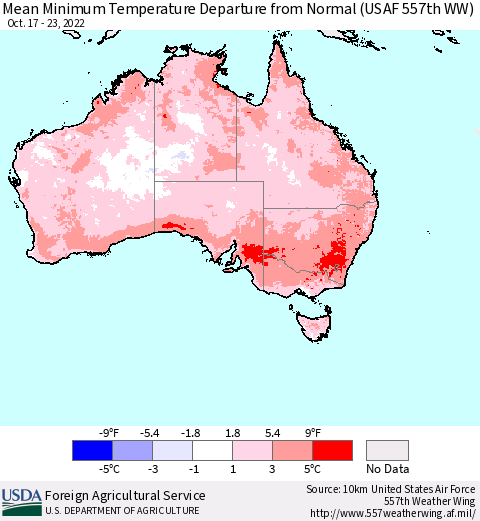 Australia Mean Minimum Temperature Departure from Normal (USAF 557th WW) Thematic Map For 10/17/2022 - 10/23/2022