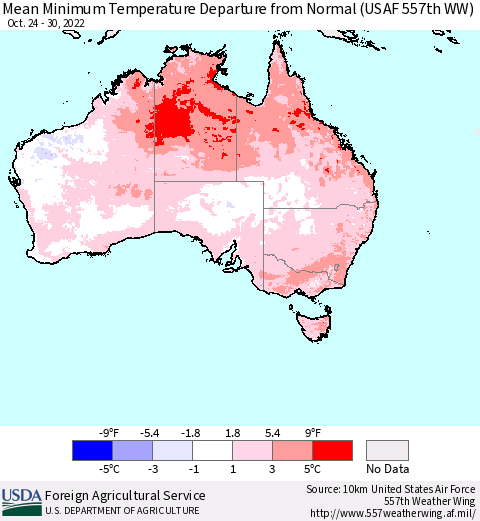 Australia Mean Minimum Temperature Departure from Normal (USAF 557th WW) Thematic Map For 10/24/2022 - 10/30/2022