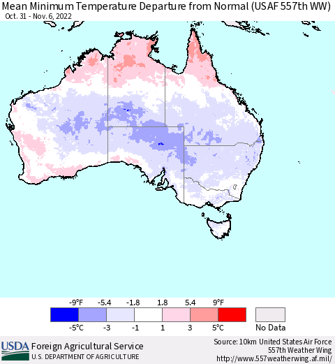 Australia Mean Minimum Temperature Departure from Normal (USAF 557th WW) Thematic Map For 10/31/2022 - 11/6/2022