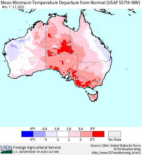 Australia Mean Minimum Temperature Departure from Normal (USAF 557th WW) Thematic Map For 11/7/2022 - 11/13/2022