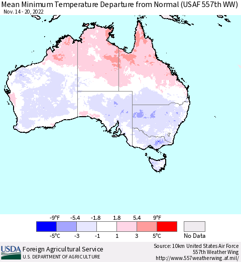 Australia Mean Minimum Temperature Departure from Normal (USAF 557th WW) Thematic Map For 11/14/2022 - 11/20/2022