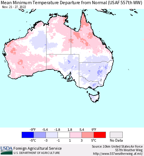 Australia Mean Minimum Temperature Departure from Normal (USAF 557th WW) Thematic Map For 11/21/2022 - 11/27/2022