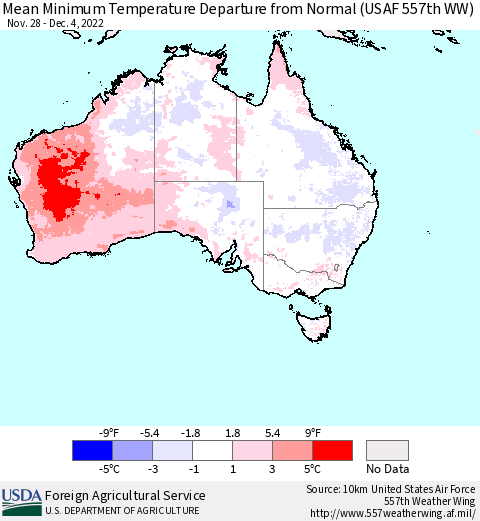 Australia Mean Minimum Temperature Departure from Normal (USAF 557th WW) Thematic Map For 11/28/2022 - 12/4/2022