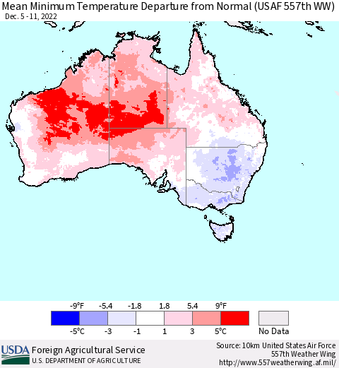Australia Mean Minimum Temperature Departure from Normal (USAF 557th WW) Thematic Map For 12/5/2022 - 12/11/2022