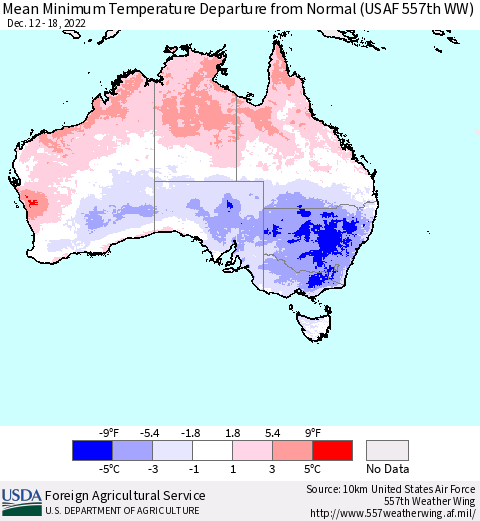 Australia Mean Minimum Temperature Departure from Normal (USAF 557th WW) Thematic Map For 12/12/2022 - 12/18/2022