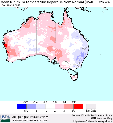 Australia Mean Minimum Temperature Departure from Normal (USAF 557th WW) Thematic Map For 12/19/2022 - 12/25/2022
