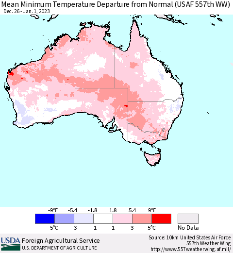 Australia Mean Minimum Temperature Departure from Normal (USAF 557th WW) Thematic Map For 12/26/2022 - 1/1/2023