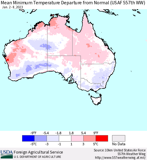 Australia Mean Minimum Temperature Departure from Normal (USAF 557th WW) Thematic Map For 1/2/2023 - 1/8/2023