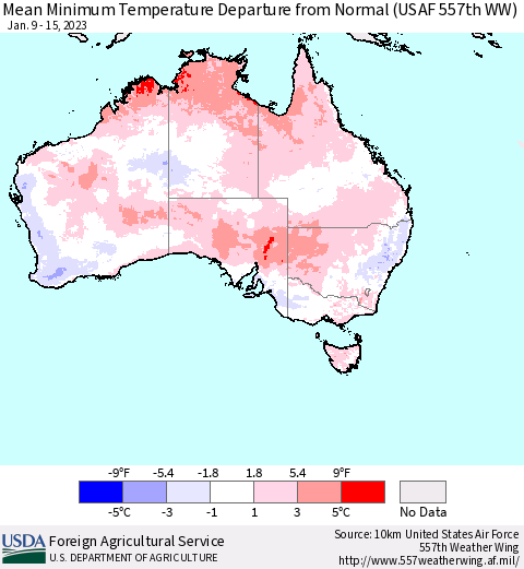 Australia Mean Minimum Temperature Departure from Normal (USAF 557th WW) Thematic Map For 1/9/2023 - 1/15/2023
