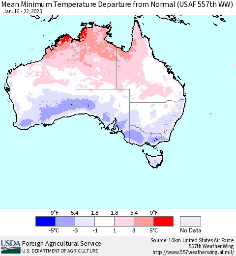 Australia Mean Minimum Temperature Departure from Normal (USAF 557th WW) Thematic Map For 1/16/2023 - 1/22/2023