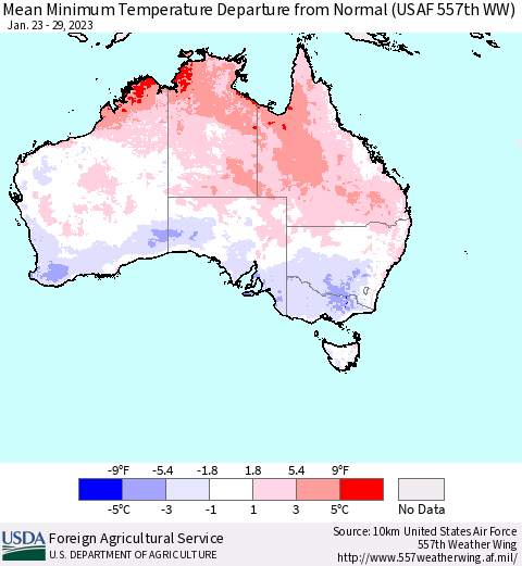 Australia Mean Minimum Temperature Departure from Normal (USAF 557th WW) Thematic Map For 1/23/2023 - 1/29/2023