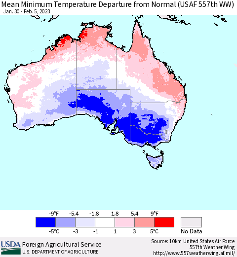 Australia Mean Minimum Temperature Departure from Normal (USAF 557th WW) Thematic Map For 1/30/2023 - 2/5/2023