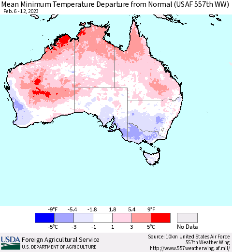 Australia Mean Minimum Temperature Departure from Normal (USAF 557th WW) Thematic Map For 2/6/2023 - 2/12/2023