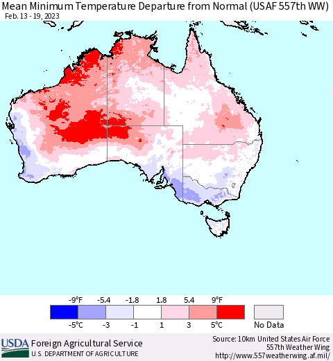 Australia Mean Minimum Temperature Departure from Normal (USAF 557th WW) Thematic Map For 2/13/2023 - 2/19/2023