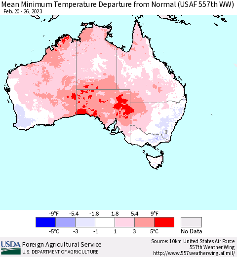 Australia Mean Minimum Temperature Departure from Normal (USAF 557th WW) Thematic Map For 2/20/2023 - 2/26/2023
