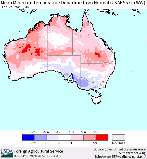 Australia Mean Minimum Temperature Departure from Normal (USAF 557th WW) Thematic Map For 2/27/2023 - 3/5/2023