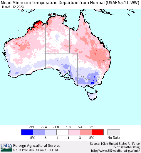 Australia Mean Minimum Temperature Departure from Normal (USAF 557th WW) Thematic Map For 3/6/2023 - 3/12/2023