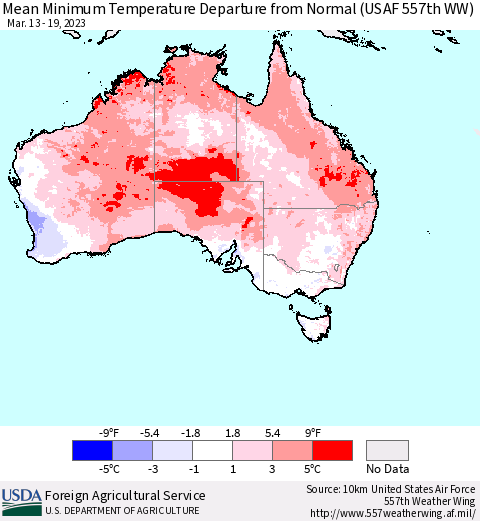 Australia Mean Minimum Temperature Departure from Normal (USAF 557th WW) Thematic Map For 3/13/2023 - 3/19/2023