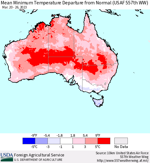 Australia Mean Minimum Temperature Departure from Normal (USAF 557th WW) Thematic Map For 3/20/2023 - 3/26/2023