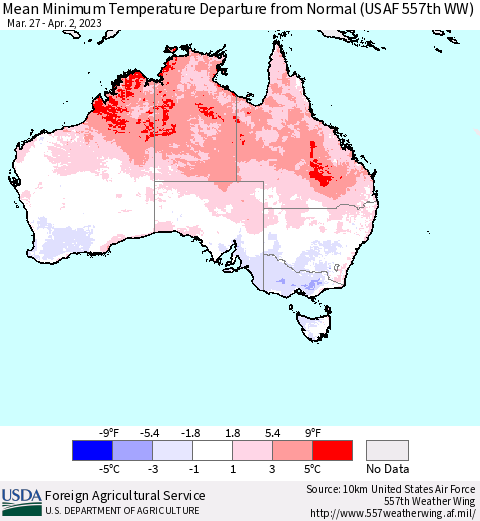 Australia Mean Minimum Temperature Departure from Normal (USAF 557th WW) Thematic Map For 3/27/2023 - 4/2/2023