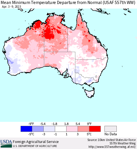 Australia Mean Minimum Temperature Departure from Normal (USAF 557th WW) Thematic Map For 4/3/2023 - 4/9/2023