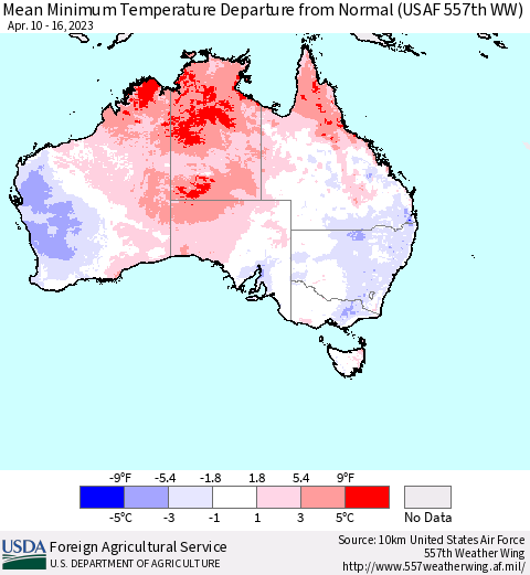 Australia Mean Minimum Temperature Departure from Normal (USAF 557th WW) Thematic Map For 4/10/2023 - 4/16/2023