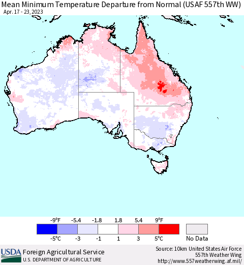 Australia Mean Minimum Temperature Departure from Normal (USAF 557th WW) Thematic Map For 4/17/2023 - 4/23/2023