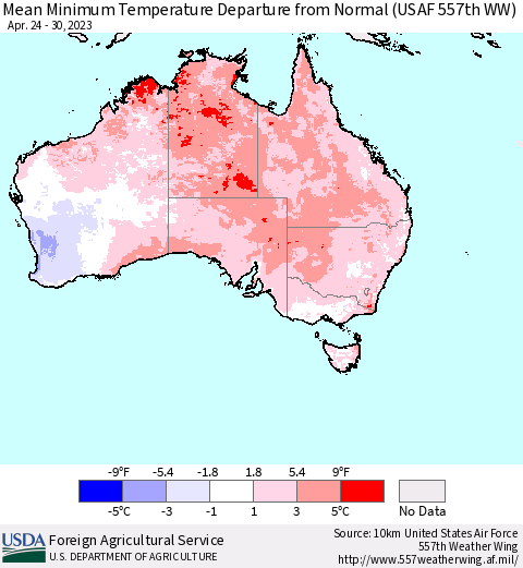 Australia Mean Minimum Temperature Departure from Normal (USAF 557th WW) Thematic Map For 4/24/2023 - 4/30/2023