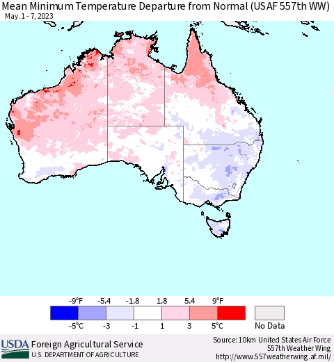 Australia Mean Minimum Temperature Departure from Normal (USAF 557th WW) Thematic Map For 5/1/2023 - 5/7/2023