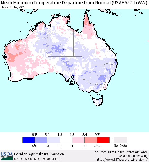 Australia Mean Minimum Temperature Departure from Normal (USAF 557th WW) Thematic Map For 5/8/2023 - 5/14/2023