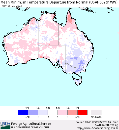 Australia Mean Minimum Temperature Departure from Normal (USAF 557th WW) Thematic Map For 5/15/2023 - 5/21/2023
