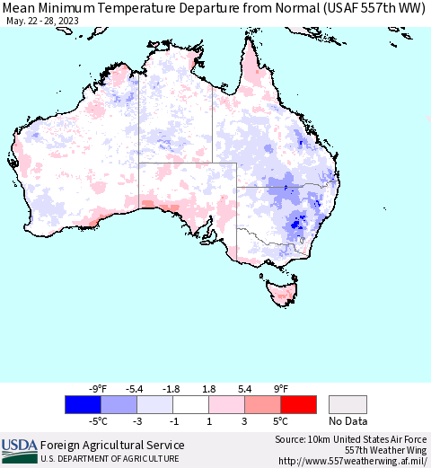 Australia Mean Minimum Temperature Departure from Normal (USAF 557th WW) Thematic Map For 5/22/2023 - 5/28/2023