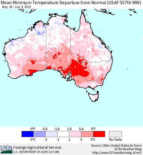 Australia Mean Minimum Temperature Departure from Normal (USAF 557th WW) Thematic Map For 5/29/2023 - 6/4/2023