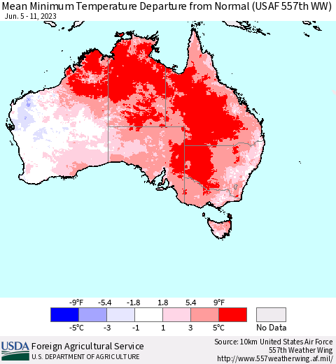 Australia Mean Minimum Temperature Departure from Normal (USAF 557th WW) Thematic Map For 6/5/2023 - 6/11/2023