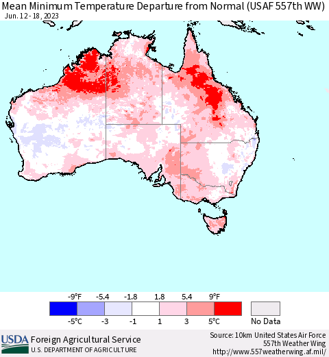 Australia Mean Minimum Temperature Departure from Normal (USAF 557th WW) Thematic Map For 6/12/2023 - 6/18/2023