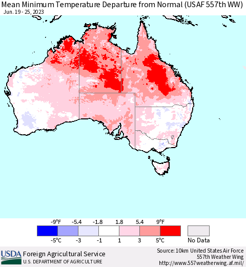 Australia Mean Minimum Temperature Departure from Normal (USAF 557th WW) Thematic Map For 6/19/2023 - 6/25/2023