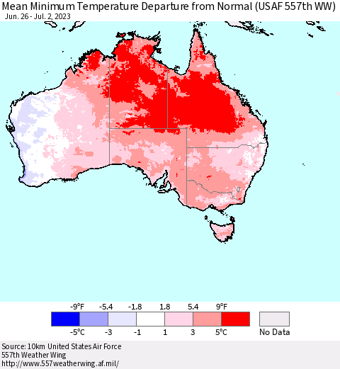 Australia Mean Minimum Temperature Departure from Normal (USAF 557th WW) Thematic Map For 6/26/2023 - 7/2/2023
