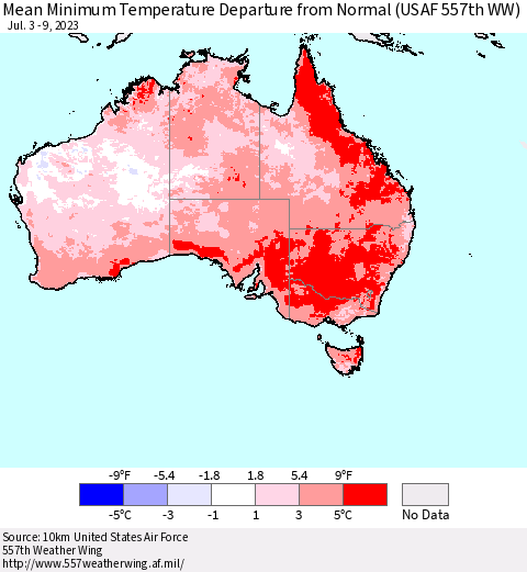 Australia Mean Minimum Temperature Departure from Normal (USAF 557th WW) Thematic Map For 7/3/2023 - 7/9/2023