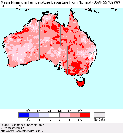 Australia Mean Minimum Temperature Departure from Normal (USAF 557th WW) Thematic Map For 7/10/2023 - 7/16/2023