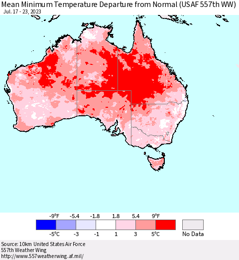 Australia Mean Minimum Temperature Departure from Normal (USAF 557th WW) Thematic Map For 7/17/2023 - 7/23/2023