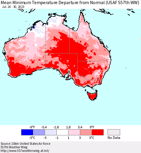Australia Mean Minimum Temperature Departure from Normal (USAF 557th WW) Thematic Map For 7/24/2023 - 7/30/2023