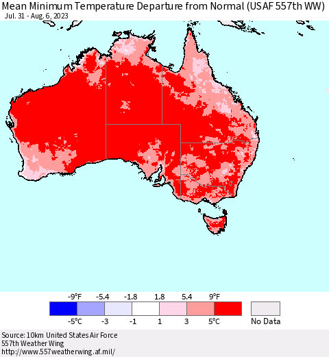 Australia Mean Minimum Temperature Departure from Normal (USAF 557th WW) Thematic Map For 7/31/2023 - 8/6/2023