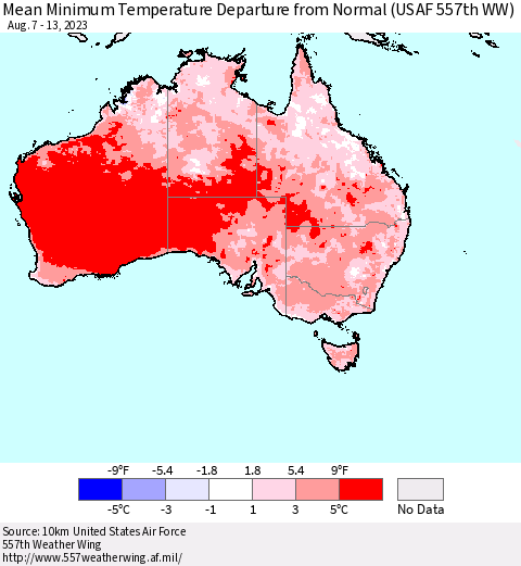Australia Mean Minimum Temperature Departure from Normal (USAF 557th WW) Thematic Map For 8/7/2023 - 8/13/2023