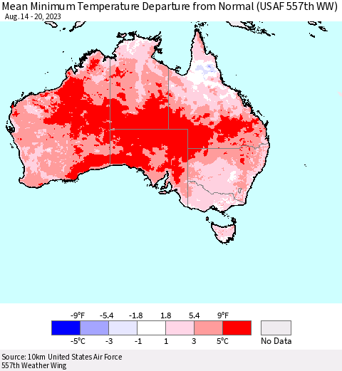 Australia Mean Minimum Temperature Departure from Normal (USAF 557th WW) Thematic Map For 8/14/2023 - 8/20/2023
