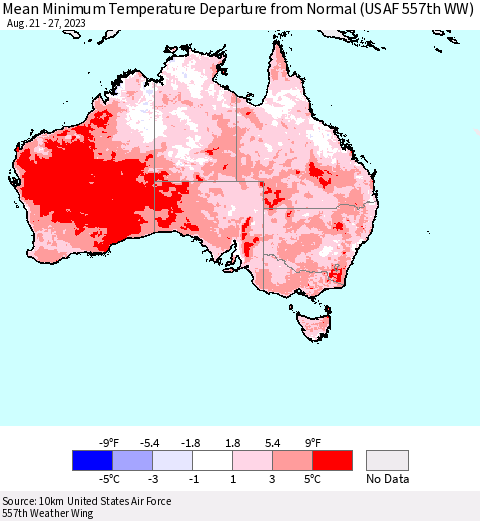 Australia Mean Minimum Temperature Departure from Normal (USAF 557th WW) Thematic Map For 8/21/2023 - 8/27/2023