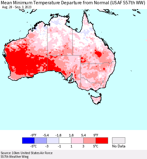 Australia Mean Minimum Temperature Departure from Normal (USAF 557th WW) Thematic Map For 8/28/2023 - 9/3/2023